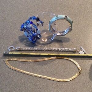 Gold Necklace with Blue and Silver Bracelets